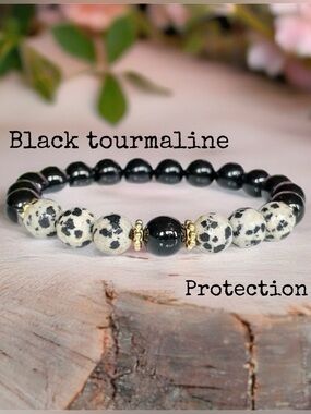 Natural Stone Handmade Black Tourmaline Dalmatian Jasper Beaded Stretch Bracelet